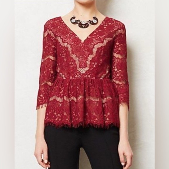 Maeve Tops - Maeve Anthropologie Katharine Needle Lace Peplum Top Burgundy Size Small